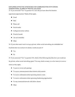 EXPLORING EFFECTIVE STRATEGIES FOR COMMUNICATING WITH CROSS-
GENERATIONAL ALUMNI OF PRIVATE COLLEGES
23. If you answered “Yes” to question #21, how did you learn about the donation
opportunity/opportunities? Mark all that apply.
 Email
 Mail
 Phone call
 Social media
 College/university website
 Word-of-mouth
 I do not remember
 Other
24. If your alma mater were to set up a private, online social networking site embedded into
Facebook that was exclusive to alumni, would you join it?
 Yes
 No
25. If you answered “Yes” to question #24, which of the following describes how you would use
the private, online social networking space? You may check as many or as few items (or even no
items) as they apply.
 To post or review job openings
 To receive announcements about alumni achievements
 To receive information about upcoming alumni events
 To receive information about upcoming fundraising opportunities
 To stay connected/network with fellow alumni
 Other
 