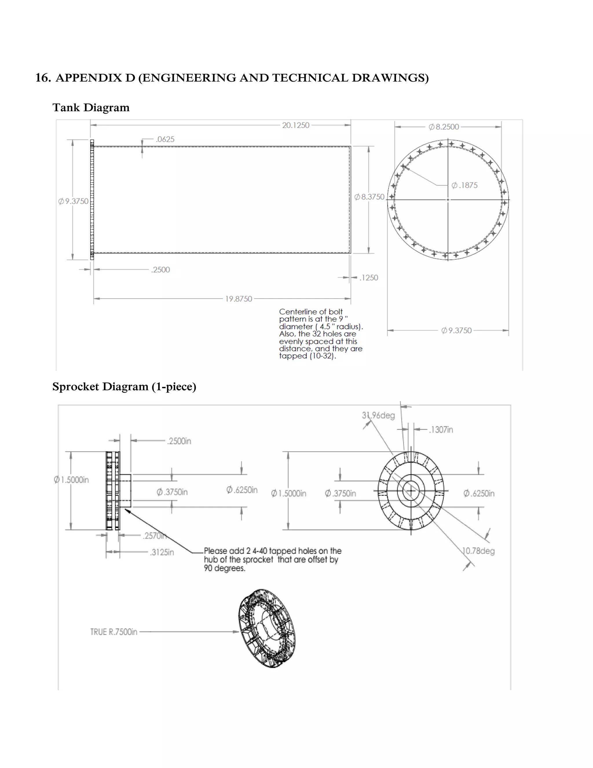 16. APPENDIX D (ENGINEERING AND TECHNICAL DRAWINGS)
Tank Diagram
Sprocket Diagram (1-piece)
 