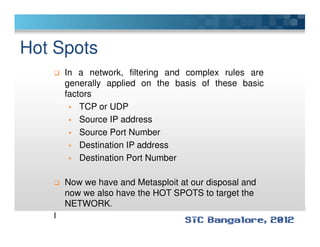 Hot Spots
In a network, filtering and complex rules are
generally applied on the basis of these basic
factors
TCP or UDP
Source IP addressSource IP address
Source Port Number
Destination IP address
Destination Port Number
Now we have and Metasploit at our disposal and
now we also have the HOT SPOTS to target the
NETWORK.
I
 