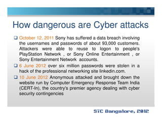 How dangerous are Cyber attacks
October 12, 2011 Sony has suffered a data breach involving
the usernames and passwords of about 93,000 customers.
Attackers were able to reuse to logon to people's
PlayStation Network , or Sony Online Entertainment , or
Sony Entertainment Network accounts.
6 June 2012 over six million passwords were stolen in a
hack of the professional networking site linkedin.com.
10 June 2012 Anonymous attacked and brought down the
website run by Computer Emergency Response Team India
(CERT-In), the country's premier agency dealing with cyber
security contingencies
 