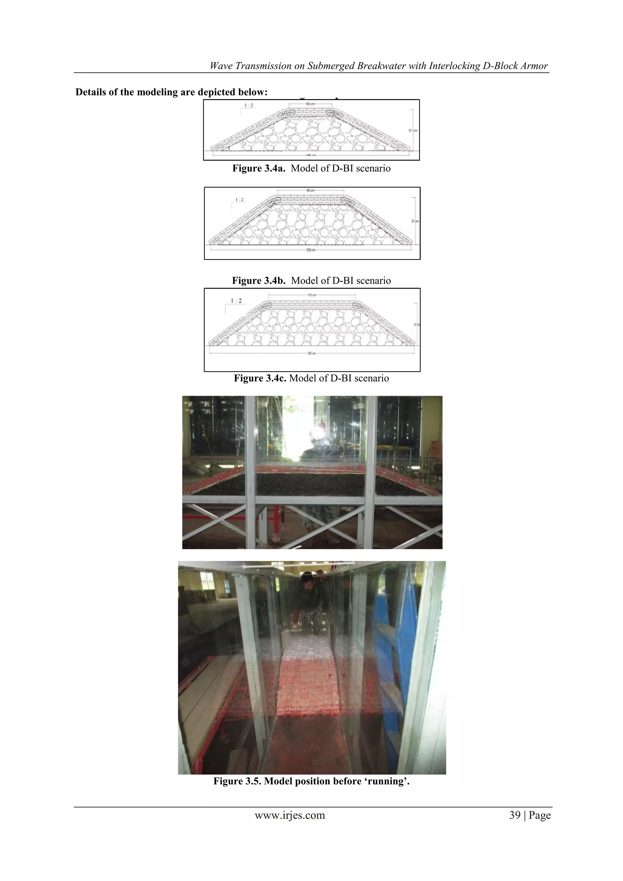 Wave Transmission on Submerged Breakwater with Interlocking D-Block Armor
www.irjes.com 39 | Page
Details of the modeling are depicted below:
Figure 3.4a. Model of D-BI scenario
Figure 3.4b. Model of D-BI scenario
Figure 3.4c. Model of D-BI scenario
Figure 3.5. Model position before ‘running’.
 