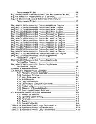 Recommended Project .................................................................................. 49
Figure 6-3 Economic Sensitivity to the FCI for Recommended Project ............. 50
Figure 6-4 Historical Prices for the Cost of Electricity........................................... 51
Figure 6-5 Economic Sensitivity to the Cost of Electricity for
Recommended Project................................................................................... 52
Dwg 00-A-001/1 Recommended Process Input/Output Diagram ....................... 53
Dwg 00-A-002/1 Recommended Process Block Flow Diagram.......................... 54
Dwg 00-A-002/2 Recommended Process Block Flow Diagram.......................... 55
Dwg 00-A-002/3 Recommended Process Block Flow Diagram.......................... 56
Dwg 00-A-003/1 Recommended Process Process Flow Diagram ..................... 57
Dwg 00-A-003/2 Recommended Process Process Flow Diagram ..................... 58
Dwg 00-A-003/3 Recommended Process Process Flow Diagram ..................... 59
Dwg 00-A-003/4 Recommended Process Process Flow Diagram ..................... 60
Dwg 00-A-003/5 Recommended Process Process Flow Diagram ..................... 61
Dwg 00-A-003/6 Recommended Process Process Flow Diagram ..................... 62
Dwg 00-A-003/7 Recommended Process Process Flow Diagram ..................... 63
Dwg 00-A-003/8 Recommended Process Process Flow Diagram ..................... 64
Dwg 00-A-003/9 Recommended Process Process Flow Diagram ..................... 65
Dwg 00-A-003/10 Recommended Process Process Flow Diagram ................... 66
Dwg 00-A-004/1 Recommended Process Supplemental
Process Flow Diagram................................................................................... 67
Dwg 00-A-004/2 Recommended Process Supplemental
Process Flow Diagram................................................................................... 68
Dwg 00-A-005/1 Recommended Process Supplemental
Process Flow Diagram................................................................................... 69
Appendix A: Alternative Process .............................................................................. A-1
A.1 Alternative Process Project Description ........................................................... A-1
A.1.1 Alternative Process Description.......................................................... A-1
A.1.2 Preliminary Schedule............................................................................ A-6
A.1.3 Major Equipment List............................................................................ A-7
A.1.4 Raw Materials........................................................................................ A-7
A.1.5 Utility Requirements.............................................................................. A-7
A.1.6 Chemical and Catalyst Requirements................................................ A-7
A.1.7 Product Lists.......................................................................................... A-7
A.1.8 Statement of Expected Safety............................................................. A-7
A.1.9 Environmental Impact Statement........................................................ A-7
A.2. Alternative Process Economic Assessment.................................................... A-8
A.2.1 Broad Cost Estimate............................................................................. A-8
A.2.2 Operating Cost Summary..................................................................... A-8
A.2.3 Revenues................................................................................................ A-9
A.2.4 Taxes....................................................................................................... A-9
A.2.5 Overall Profitability................................................................................ A-9
Table A.1-1: Alternative Process Major Equipment List........................................ A-10
Table A.1-2: Alternative Process Raw Material List .............................................. A-19
Table A.1-3: Alternative Process Utility Requirements.......................................... A-20
 