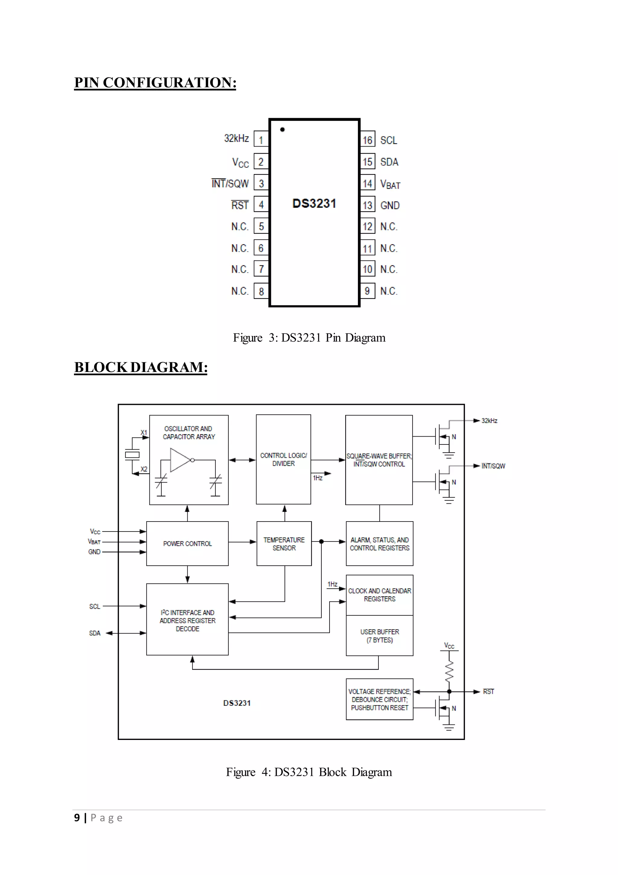 9 | P a g e
PIN CONFIGURATION:
Figure 3: DS3231 Pin Diagram
BLOCK DIAGRAM:
Figure 4: DS3231 Block Diagram
 