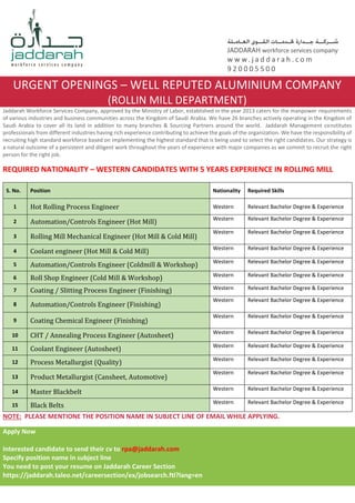 URGENT OPENINGS – WELL REPUTED ALUMINIUM COMPANY
(ROLLIN MILL DEPARTMENT)
Jaddarah Workforce Services Company, approved by the Ministry of Labor, established in the year 2013 caters for the manpower requirements
of various industries and business communities across the Kingdom of Saudi Arabia. We have 26 branches actively operating in the Kingdom of
Saudi Arabia to cover all its land in addition to many branches & Sourcing Partners around the world. Jaddarah Management constitutes
professionals from different industries having rich experience contributing to achieve the goals of the organization. We have the responsibility of
recruiting high standard workforce based on implementing the highest standard that is being used to select the right candidates. Our strategy is
a natural outcome of a persistent and diligent work throughout the years of experience with major companies as we commit to recruit the right
person for the right job.
S. No. Position Nationality Required Skills
1 Hot Rolling Process Engineer Western Relevant Bachelor Degree & Experience
2 Automation/Controls Engineer (Hot Mill) Western Relevant Bachelor Degree & Experience
3 Rolling Mill Mechanical Engineer (Hot Mill & Cold Mill)
Western Relevant Bachelor Degree & Experience
4 Coolant engineer (Hot Mill & Cold Mill) Western Relevant Bachelor Degree & Experience
5 Automation/Controls Engineer (Coldmill & Workshop) Western Relevant Bachelor Degree & Experience
6 Roll Shop Engineer (Cold Mill & Workshop) Western Relevant Bachelor Degree & Experience
7 Coating / Slitting Process Engineer (Finishing) Western Relevant Bachelor Degree & Experience
8 Automation/Controls Engineer (Finishing)
Western Relevant Bachelor Degree & Experience
9 Coating Chemical Engineer (Finishing)
Western Relevant Bachelor Degree & Experience
10 CHT / Annealing Process Engineer (Autosheet) Western Relevant Bachelor Degree & Experience
11 Coolant Engineer (Autosheet) Western Relevant Bachelor Degree & Experience
12 Process Metallurgist (Quality) Western Relevant Bachelor Degree & Experience
13 Product Metallurgist (Cansheet, Automotive)
Western Relevant Bachelor Degree & Experience
14 Master Blackbelt Western Relevant Bachelor Degree & Experience
15 Black Belts Western Relevant Bachelor Degree & Experience
REQUIRED NATIONALITY – WESTERN CANDIDATES WITH 5 YEARS EXPERIENCE IN ROLLING MILL
Apply Now
Interested candidate to send their cv to rpa@jaddarah.com
Specify position name in subject line
You need to post your resume on Jaddarah Career Section
https://jaddarah.taleo.net/careersection/ex/jobsearch.ftl?lang=en
NOTE: PLEASE MENTIONE THE POSITION NAME IN SUBJECT LINE OF EMAIL WHILE APPLYING.
 