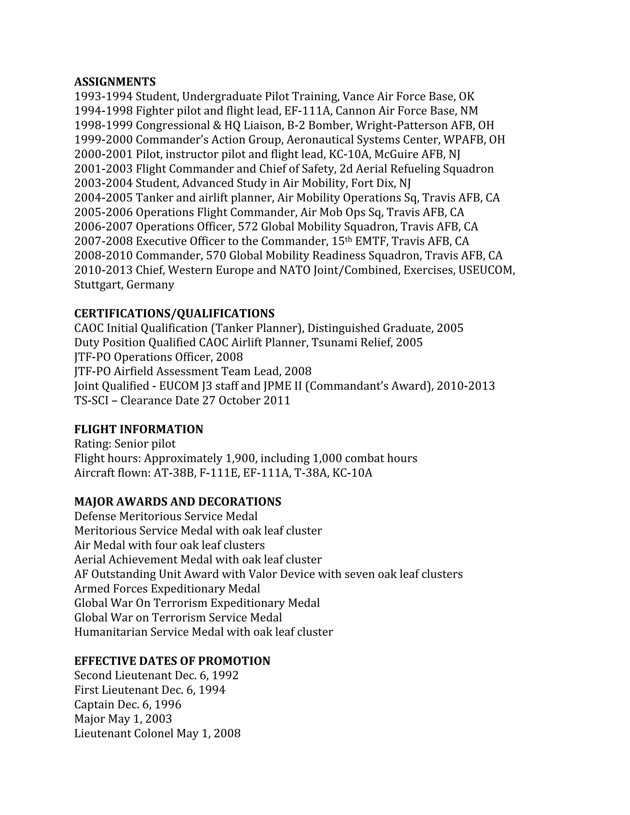 ASSIGNMENTS 
1993-­‐1994 
Student, 
Undergraduate 
Pilot 
Training, 
Vance 
Air 
Force 
Base, 
OK 
1994-­‐1998 
Fighter 
pilot 
and 
flight 
lead, 
EF-­‐111A, 
Cannon 
Air 
Force 
Base, 
NM 
1998-­‐1999 
Congressional 
& 
HQ 
Liaison, 
B-­‐2 
Bomber, 
Wright-­‐Patterson 
AFB, 
OH 
1999-­‐2000 
Commander’s 
Action 
Group, 
Aeronautical 
Systems 
Center, 
WPAFB, 
OH 
2000-­‐2001 
Pilot, 
instructor 
pilot 
and 
flight 
lead, 
KC-­‐10A, 
McGuire 
AFB, 
NJ 
2001-­‐2003 
Flight 
Commander 
and 
Chief 
of 
Safety, 
2d 
Aerial 
Refueling 
Squadron 
2003-­‐2004 
Student, 
Advanced 
Study 
in 
Air 
Mobility, 
Fort 
Dix, 
NJ 
2004-­‐2005 
Tanker 
and 
airlift 
planner, 
Air 
Mobility 
Operations 
Sq, 
Travis 
AFB, 
CA 
2005-­‐2006 
Operations 
Flight 
Commander, 
Air 
Mob 
Ops 
Sq, 
Travis 
AFB, 
CA 
2006-­‐2007 
Operations 
Officer, 
572 
Global 
Mobility 
Squadron, 
Travis 
AFB, 
CA 
2007-­‐2008 
Executive 
Officer 
to 
the 
Commander, 
15th 
EMTF, 
Travis 
AFB, 
CA 
2008-­‐2010 
Commander, 
570 
Global 
Mobility 
Readiness 
Squadron, 
Travis 
AFB, 
CA 
2010-­‐2013 
Chief, 
Western 
Europe 
and 
NATO 
Joint/Combined, 
Exercises, 
USEUCOM, 
Stuttgart, 
Germany 
CERTIFICATIONS/QUALIFICATIONS 
CAOC 
Initial 
Qualification 
(Tanker 
Planner), 
Distinguished 
Graduate, 
2005 
Duty 
Position 
Qualified 
CAOC 
Airlift 
Planner, 
Tsunami 
Relief, 
2005 
JTF-­‐PO 
Operations 
Officer, 
2008 
JTF-­‐PO 
Airfield 
Assessment 
Team 
Lead, 
2008 
Joint 
Qualified 
-­‐ 
EUCOM 
J3 
staff 
and 
JPME 
II 
(Commandant’s 
Award), 
2010-­‐2013 
TS-­‐SCI 
– 
Clearance 
Date 
27 
October 
2011 
FLIGHT 
INFORMATION 
Rating: 
Senior 
pilot 
Flight 
hours: 
Approximately 
1,900, 
including 
1,000 
combat 
hours 
Aircraft 
flown: 
AT-­‐38B, 
F-­‐111E, 
EF-­‐111A, 
T-­‐38A, 
KC-­‐10A 
MAJOR 
AWARDS 
AND 
DECORATIONS 
Defense 
Meritorious 
Service 
Medal 
Meritorious 
Service 
Medal 
with 
oak 
leaf 
cluster 
Air 
Medal 
with 
four 
oak 
leaf 
clusters 
Aerial 
Achievement 
Medal 
with 
oak 
leaf 
cluster 
AF 
Outstanding 
Unit 
Award 
with 
Valor 
Device 
with 
seven 
oak 
leaf 
clusters 
Armed 
Forces 
Expeditionary 
Medal 
Global 
War 
On 
Terrorism 
Expeditionary 
Medal 
Global 
War 
on 
Terrorism 
Service 
Medal 
Humanitarian 
Service 
Medal 
with 
oak 
leaf 
cluster 
EFFECTIVE 
DATES 
OF 
PROMOTION 
Second 
Lieutenant 
Dec. 
6, 
1992 
First 
Lieutenant 
Dec. 
6, 
1994 
Captain 
Dec. 
6, 
1996 
Major 
May 
1, 
2003 
Lieutenant 
Colonel 
May 
1, 
2008 
