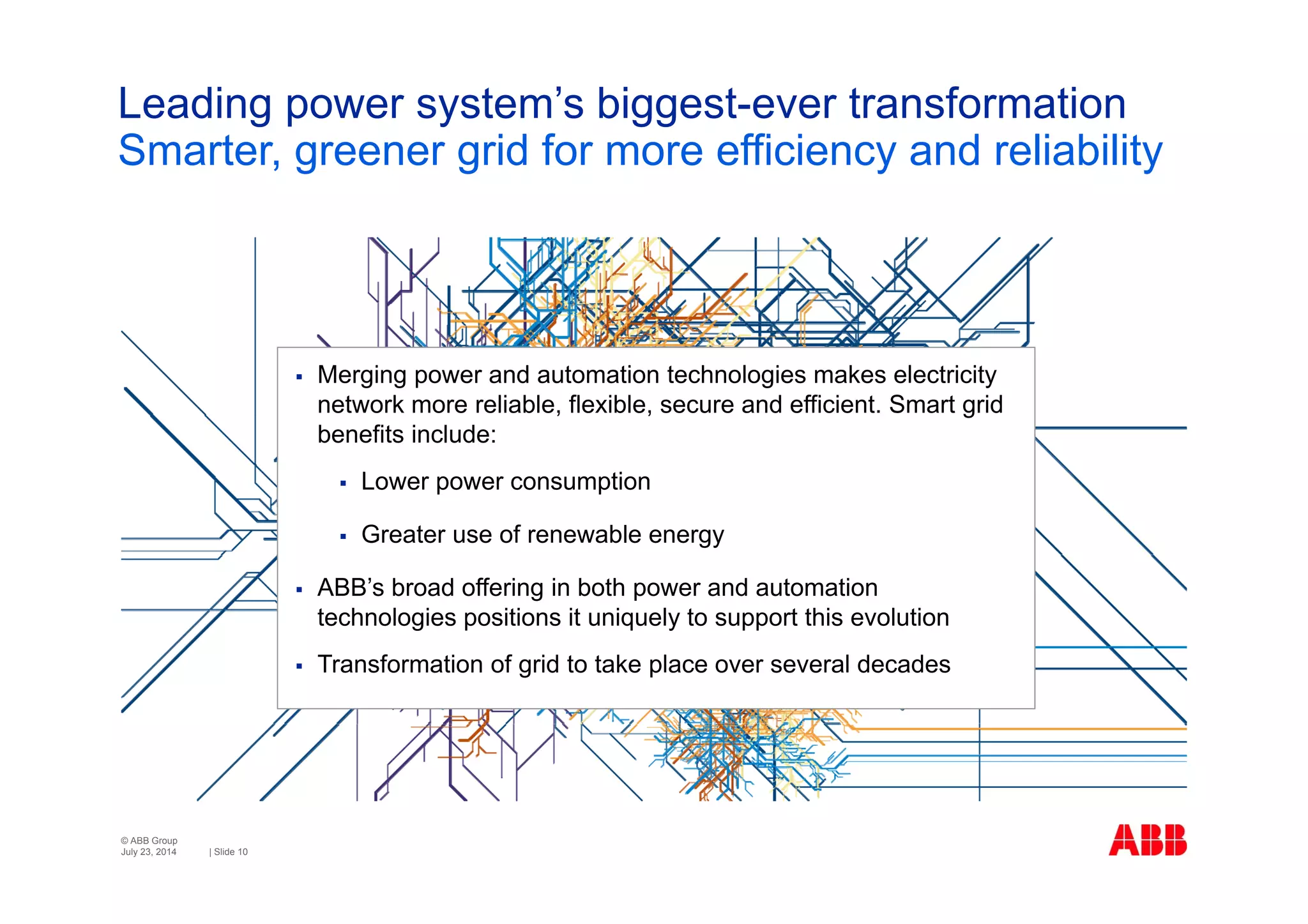 © ABB Group
| Slide 10
Leading power system’s biggest-ever transformation
Smarter, greener grid for more efficiency and reliability
July 23, 2014
 Merging power and automation technologies makes electricity
network more reliable, flexible, secure and efficient. Smart grid
benefits include:
 Lower power consumption
 Greater use of renewable energy
 ABB’s broad offering in both power and automation
technologies positions it uniquely to support this evolution
 Transformation of grid to take place over several decades
 