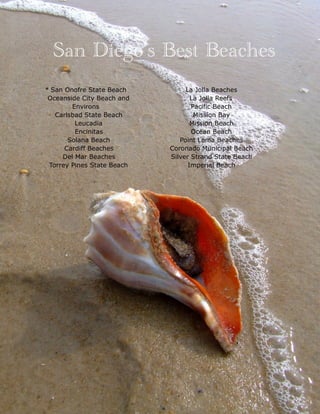 !
* San Onofre State Beach
Oceanside City Beach and
Environs
Carlsbad State Beach
Leucadia
Encinitas
Solana Beach
Cardiff Beaches
Del Mar Beaches
Torrey Pines State Beach
La Jolla Beaches
La Jolla Reefs
Pacific Beach
Mission Bay
Mission Beach
Ocean Beach
Point Loma Beaches
Coronado Municipal Beach
Silver Strand State Beach
Imperial Beach
San Diego’s Best Beaches
 