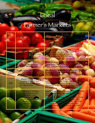 !
Type to enter text
SUN
Gaslamp 9-1pm
Hillcrest 9-2pm
Point Loma 9:30-2:30pm
La Jolla 9-1pm
Solana Beach 2-5pm
Encinitas 2-5pm
3rd Ave & J Street (619) 279-0032
3960 Normal & Lincoln St (619) 279-0032
Liberty Station, Historic Decatur Rd (619)
795-3363
La Jolla Elementary School (858) 454-1699
410 Sth Cedros Ave @ Rosa St (858) 755-0444
Paul Ecke Elementary School (858) 272-7054
TUES
Coronado 2:30-6pm
Mira Mesa 3-7pm
USDS La Jolla 10-2pm (Sept-
June)
Escondido 2:30-6pm
Ferry Landing (760) 741-3763
10510 Reagan Rd (858) 272-7054
Near Bookstore (858) 534-4248
Grand & Juniper (760) 745-8877
WED
Carlsbad 1-5pm
Ocean Beach 4-8pm
San Marcos 3-7pm
Roosevelt St near Grand Ave (760) 687-6453
Newport Ave near Cable St (619) 279-0032
333 S. Twin Oaks Valley Rd (760) 751-4193
THUR
Horton Sq (Downtown) 11-3pm
North Park 2-6pm
Valley Center 2:30-7pm
225 Broadway & Broadway Circle (760) 741-3763
University & 32nd St (619) 237-1632
Cole Grade Rd Elementary School (760) 751-4193
FRI
Mission Valley 3-7pm
La Mesa Village 3-6pm
Rancho Bernardo 9-12pm
Borrego Springs 7-12pm
W. Mall @ 2018 Camino del Este (619) 795-3363
Allison St @ La Mesa Village (619) 440-5027
13330 Paseo Del Verano Norte (760) 500-1709
Christmas Circle & Palm Canyon Dr (760)
767-5555
SAT
Little Italy 9-10:30pm
City Heights 9-1pm
Carlsbad 1-5pm
Scripps Ranch 9-1pm
Paciﬁc Beach 8-12pm
Poway 8-11:30am
Del Mar 1-4pm
Date St. from India to Columbia (619) 233-3769
Wrightman St btwn Fairmont & 43rd (619)
795-3363
Roosevelt St Near Grand Ave (760) 687-6453
10380 Spring Canyon Rd (858) 586-7933
Mission Blvd Near Reed Ave (760) 741-3763
Midland Rd & Temple St (619) 440-5027
El Camino Del Mar btwn 10th & 11th (760)
727-1471
Local
Farmer’s Markets
 