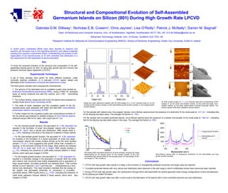 11 ML
4 ML
6 ML
Southampton
Unive rsity
Micro e le ctro nics
Ce ntre
Structural and Compositional Evolution of Self-Assembled
Germanium Islands on Silicon (001) During High Growth Rate LPCVD
Gabriela D.M. Dilliway1
, Nicholas E.B. Cowern2
, Chris Jeynes2
, Lisa O’Reilly3
, Patrick J. McNally3
, Darren M. Bagnall1
1
Dept. of Electronics and Computer Science, Univ. of Southampton, Highfield, Southampton SO17 1BJ, UK, G.D.M.Dilliway@soton.ac.uk
2
Advanced Technology Institute, Univ. of Surrey, Guildford GU2 7XH, UK
3
Research Institute for Networks & Communications Engineering (RINCE), School of Electronic Engineering, Dublin City University, Dublin 9, Ireland
0 20 40 60 0 100 200 300
Height (nm) Width (nm)
0 20 40 60 0 100 200 300
Height (nm) Width (nm)
Islandfrequency(arbitraryunits)
(a)
(b)
(c)
In recent years, substantial efforts have been devoted to research into
quantum dot structures due to the interesting electronic and optical properties
resulting from quantum confinement effects. Understanding the process of self-
organization of Ge nanostructures on Si with controlled size distribution is a
key requirement for their application to device fabrication.
Aim
To study the temporal evolution of the structure and composition of Ge self-
assembled islands grown on (001) Si using high growth rate (6-9 nm/min) low
pressure chemical vapour deposition (LPCVD).
Experimental Techniques
A set of three samples were grown for three different durations, under
nominally identical conditions, in a cold-wall LPCVD reactor design and
fabricated at the Southampton University Microelectronics Centre.
The three grown samples were subsequently characterised:
 The amount of Ge deposited and its crystalline quality were studied by
Rutherford backscattering spectroscopy (RBS), using a 2 MeV He analysing
beam at normal incidence and both the ‘random’ and <100> channelling
directions.
 The surface density, shape and size of the Ge islands were analysed by
contact mode atomic force microscopy (AFM).
 The state of strain relaxation and the crystalline quality of the Ge
nanostructures were assessed with bright and dark-field cross-sectional
transmission electron microscopy (XTEM).
 Further insight into the crystalline quality and compositional evolution of
the Ge islands was obtained by detailed analysis of micro-Raman spectra,
obtained using a 488 nm Ar+
laser, with a spot size of 1 µm.
Results
• For the shortest growth duration, the equivalent of ∼4 ML deposited Ge
resulted in the formation of small ‘lens-shaped’ islands with a surface
density of ∼16µm-1
and a narrow size distribution. RBS results show a
χmin
∼3.8%, indicating a low level or the absence of defects in these islands.
• For the intermediate growth duration, the equivalent of ∼6 ML deposited
Ge resulted in the formation of a mixed population of small and larger
‘lens-shaped’ islands with similar surface density as for the short duration
sample (∼19 µm-1
), thus suggesting that growth rather than nucleation or
ripening, is the dominant process at this stage. Most islands are between
100-150 nm in width and 10-25 nm in height. RBS results showed a
χmin
∼5%, indicating the presence of misfit strain-induced defects in these
islands, which were also imaged in XTEM.
• For the longest growth duration, the equivalent of ∼11 ML deposited Ge
resulted in a dramatic change in the population of islands. Both the small
and medium size structures have totally disappeared and a population of
large square-based, truncated pyramids has replaced them. Their surface
density is much reduced (∼3µm-1
) and they are characterised by a very
narrow size distribution. This rapid transition indicates that the energy of
the system has decreased drastically on conversion to truncated
pyramidal islands. RBS results show a χmin
∼4.9%, indicating the presence of
misfit strain relaxation induced defects in these islands, which were also
imaged in XTEM.
Height and width distribution together with 3D AFM images of 5 x 5 µm2
scanned areas of: (a) the
shortest growth duration sample; (b) the intermediate growth duration sample; (c) the longest growth
duration sample.
2D AFM contact images of 1 x 1 µm2
scanned areas and corresponding XTEM
images of: (a) the small ‘lens-shaped’ islands; (b) the small and larger ’lens-
shaped’ islands; (c) the large square-based truncated pyramidal islands. The
arrows indicate misfit strain relaxation induced defects.
Normalised RBS channelled spectra for all three samples, showing the lowest
dechannelling for the sample grown for the shortest duration (4 ML) and
comparable high dechannelling for the samples grown for intermediate (6 ML)
and longest (11 ML) durations.
(c)
(a)
(b)
0
1000
2000
3000
4000
5000
250 350 450
Wavenumber (cm-1)
Intensity(a.u.)
Longest grow th duration
Intermediate grow th
duration
For the sample with medium-size ‘lens-shaped’ islands, micro-Raman spectra show the presence of a distinctive Si-Ge mode peak at ∼411 cm-1
, indicating that
Si-Ge alloying has taken place. The average Ge fraction is ∼70%.
For the sample with truncated pyramidal islands, micro-Raman spectra show the presence of a weaker and broader Si-Ge mode peak at ∼394 cm-1
, indicating
that Si-Ge alloying has also taken place in this case. The average Ge fraction is ∼90%.
Micro-Raman spectra after Si background subtraction for the intermediate and long
growth duration samples.
Conclusions
 LPCVD with high growth rates results in a delay in the evolution of energetically preferred structures until larger sizes are reached.
 Truncated pyramidal islands with very narrow size distribution were observed in the size range in which multifaceted domes have previously been reported.
 During LPCVD with high growth rates, the mechanisms through which self-assembled Ge islands approach lower energy configurations involve simultaneous
Si-Ge alloying and defect formation.
 LPCVD with high growth rates may offer a novel route to the fabrication of Ge islands with a more controlled structure and size distribution.
 