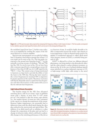 B. C. JACOBS ET AL.
JOHNS HOPKINS APL TECHNICAL DIGEST, VOLUME 30, NUMBER 4 (2012)
358
as a function of time. It would be highly desirable to be
able to temporarily increase the atomic vapor density at
room temperature so that no thermal energy needs to be
applied. A nonthermal approach to adjust alkali metal
vapor pressure, known as LIAD, is currently being pur-
sued at APL.
LIAD14 is affected by at least two different physical
phenomena, one being similar to the photoelectric effect
and the other related to surface plasmon resonance, as
shown in Fig. 14. In the case of isolated rubidium (metal)
atoms adsorbed on a surface (adatoms), exposure to UV,
or high-energy visible light, adds energy to the metal
the modulated signal from laser 2, further noise reduc-
tion is accomplished by sending the output of the bal-
anced detector to a lock-in amplifier.
Spectroscopic measurements are recorded by holding
laser 1’s frequency fixed while scanning that of laser 2. A
scan result can be seen in Fig. 13a. The four peaks cor-
respond to the ground state hyperfine levels12, 13 for the
naturally occurring isotopes of rubidium, 85Rb and 87Rb
(see Fig. 13b). As can be seen in Fig. 13b, we have been
able to measure signal levels corresponding to power dif-
ferences of less than 10 nW (out of a 1-mW input) for the
87Rb F = 1 line. The current setup is being transitioned
to function as a laser lock to provide the ability to lock
the lasers to the TPA line. Having the lasers tuned to
the correct frequencies for maximal TPA is imperative
for proper operation of the switch. The device resonance
will then be thermally tuned to match the laser frequen-
cies such that all resonances of the system will occur at
the two relevant laser frequencies.
Light-Induced Atomic Desorption
The baseline design for the APL Zeno all-optical
switching device calls for an atomic vapor of rubidium
atoms with a density of more than 5  1010 atoms
per cm3. One method to alter the atomic vapor density
(i.e., the number density of atoms per cubic centimeter
in the vapor) is to change the temperature of the system.
However, higher temperatures can potentially lead to
deleterious issues with the alkali metal doping the silica
glass utilized in the microtoroids and optical fibers. The
addition of an alkali metal such as rubidium to a glass
changes the composition of the glass and can lead to a
change in refractive index, which could lead to undesir-
able changes in the switching performance of the device
5
S1/2
5
S1/2
5
P3/2
5
P3/2
5
D5/2
5
D5/2
85
Rb 87
Rb
776 nm 776 nm
780.24 nm 780.24 nm
Fe ϭ 5
Fe ϭ 4
Fe ϭ 3
Fe ϭ 3
Fe ϭ 2
Fe ϭ 2
Fg ϭ 2
Fg ϭ 1
Fg ϭ 2
Fe ϭ 1
Fe ϭ 1
Fe ϭ 0
Fe ϭ 0
Fe ϭ 4
Fe ϭ 3
Fe ϭ 2
Fe ϭ 1
Fe ϭ 4
Fe ϭ 3
Fe ϭ 2
Fg ϭ 3
Fe ϭ 1
Frequency (GHz)
Powerabsorbed(nW)
35
30
25
20
15
10
5
0
(a) (b)
0 1 2 3 4 5 6 6
Figure 13.  (a) TPA spectroscopic data acquired by sweeping the frequency of laser 2 with respect to laser 1. The four peaks correspond
to the rubidium ground-state hyperfine levels, which can be seen in the energy level diagram (b).
Figure 14.  Illustration of LIAD in the case of UV-visible spectros-
copy (VIS)-stimulated desorption of adatoms on a surface (a) and
near infrared (NIR)-stimulated surface plasmon-based desorption
of cluster atoms on a surface (b).
 