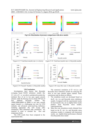 R.T. SARATH BABU Int. Journal of Engineering Research and Applications www.ijera.com 
ISSN : 2248-9622, Vol. 4, Issue 8( Version 7), August 2014, pp.36-46 
www.ijera.com 45 | P a g e 
Fig-5.16: Distribution of pressure comparisons with three models 
Figure-5.17: Total heat transfer rate v/s velocity Figure-5.18: Total heat transfer rate v/s Reynolds number 
Figure-5.19: Nusselt Number v/s Reynolds number Figure-5.20: mass flow rate v/s Reynolds number 
VII. Conclusions 
Investigations have shown, that Reynolds 
averaging based RANS turbulence models like 
k  or k  are able to satisfactorily predict the 
turbulent flow of air in two pass square smooth 
channel, while the flowing of air in sharp 1800 turn of 
four different Reynolds number like 
10000,20000,40000 & 60000 in two pass smooth 
square channel is a challenging test case for CFD 
methods, and advanced scale-resolving turbulence 
modeling approaches like LES (Large eddy 
simulation), DES (Detached eddy simulation) are 
required in order to simulate the flow and 
temperature fields. 
The CFD results have been compared to the 
experimental data . 
The numerical simulation of k  ,k-ε and 
Reynolds stress turbulence models for analyzing the 
flow in two pass smooth square channel. Some 
conclusions may be drawn as follows: 
1. The simulation results are developed based on 
the k  , k-ε and Reynolds stress turbulence 
models. Compared with the experimental results 
for heat transfer rate, are in slightly better results 
predicts from Reynolds stress models, 
experimental data. 
2. Mass flow rate stimulation results obtained from 
based on the k  , k-ε and Reynolds stress 
turbulence models is compared with theoretical 
results, are slightly better performance obtained 
from Reynolds stress model 
-200 
-100 
0 
100 
200 
300 
400 
0 20 40 60 
Net Heat Transfer Rate in W 
Velocity 
k-e 
k-w 
rsm 
experimetal 
-150 
-100 
-50 
0 
50 
100 
150 
200 
250 
300 
350 
400 
0 50000 100000 
Net heat transfer rate in W 
Reynolds number 
k-e 
k-w 
rsm 
experimetal 
-1000 
-500 
0 
500 
1000 
1500 
2000 
2500 
0 50000 100000 
Nusselt Number 
Reynolds Number 
k-e 
k-w 
rsm 
experimetal 
-0.01 
-0.005 
0 
0.005 
0.01 
0.015 
0.02 
0.025 
0 50000 100000 
Net Mass Flow Rate in kg/s 
Reynolds Number 
k-e 
k-w 
rsm 
Theoretial 
 