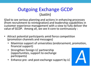Outgoing Exchange GCDP
(Justin)
Glad to see serious planning and actions in enhancing processes
(from recruitment to reintegration) and leadership capabilities in
customer experience management with a view to fully deliver the
value of GCDP. Among all, we see it core to continuously :
• Attract potential participants amid fierce competition
(promotion channels and messages)
• Maximize support of universities (endorsement, promotion,
financial support)
• Strengthen foreign LC partnership
(opportunities, support to exchange
participants)
• Enhance pre- and post-exchange support by LC
 