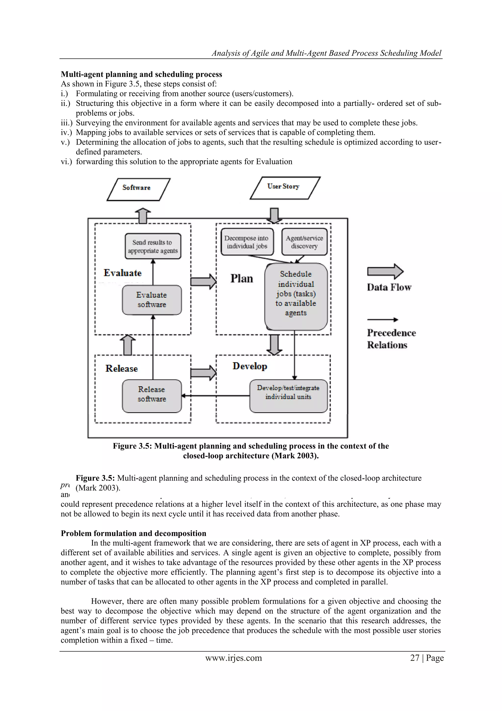 Analysis of Agile and Multi-Agent Based Process Scheduling Model www.irjes.com 27 | Page Multi-agent planning and scheduling process As shown in Figure 3.5, these steps consist of: i.) Formulating or receiving from another source (users/customers). ii.) Structuring this objective in a form where it can be easily decomposed into a partially- ordered set of sub- problems or jobs. iii.) Surveying the environment for available agents and services that may be used to complete these jobs. iv.) Mapping jobs to available services or sets of services that is capable of completing them. v.) Determining the allocation of jobs to agents, such that the resulting schedule is optimized according to user- defined parameters. vi.) forwarding this solution to the appropriate agents for Evaluation Figure 3.5: Multi-agent planning and scheduling process in the context of the closed-loop architecture (Mark 2003). It is important to note that the small arrows between the specific tasks in Figure 3.5 represent precedence relations, while the large arrows between the high-level functions represent continuous data flow and feedback between these phases. It should be noted, however, that the feedback provided by the data flow could represent precedence relations at a higher level itself in the context of this architecture, as one phase may not be allowed to begin its next cycle until it has received data from another phase. Problem formulation and decomposition In the multi-agent framework that we are considering, there are sets of agent in XP process, each with a different set of available abilities and services. A single agent is given an objective to complete, possibly from another agent, and it wishes to take advantage of the resources provided by these other agents in the XP process to complete the objective more efficiently. The planning agent’s first step is to decompose its objective into a number of tasks that can be allocated to other agents in the XP process and completed in parallel. However, there are often many possible problem formulations for a given objective and choosing the best way to decompose the objective which may depend on the structure of the agent organization and the number of different service types provided by these agents. In the scenario that this research addresses, the agent’s main goal is to choose the job precedence that produces the schedule with the most possible user stories completion within a fixed – time. Figure 3.5: Multi-agent planning and scheduling process in the context of the closed-loop architecture (Mark 2003). 