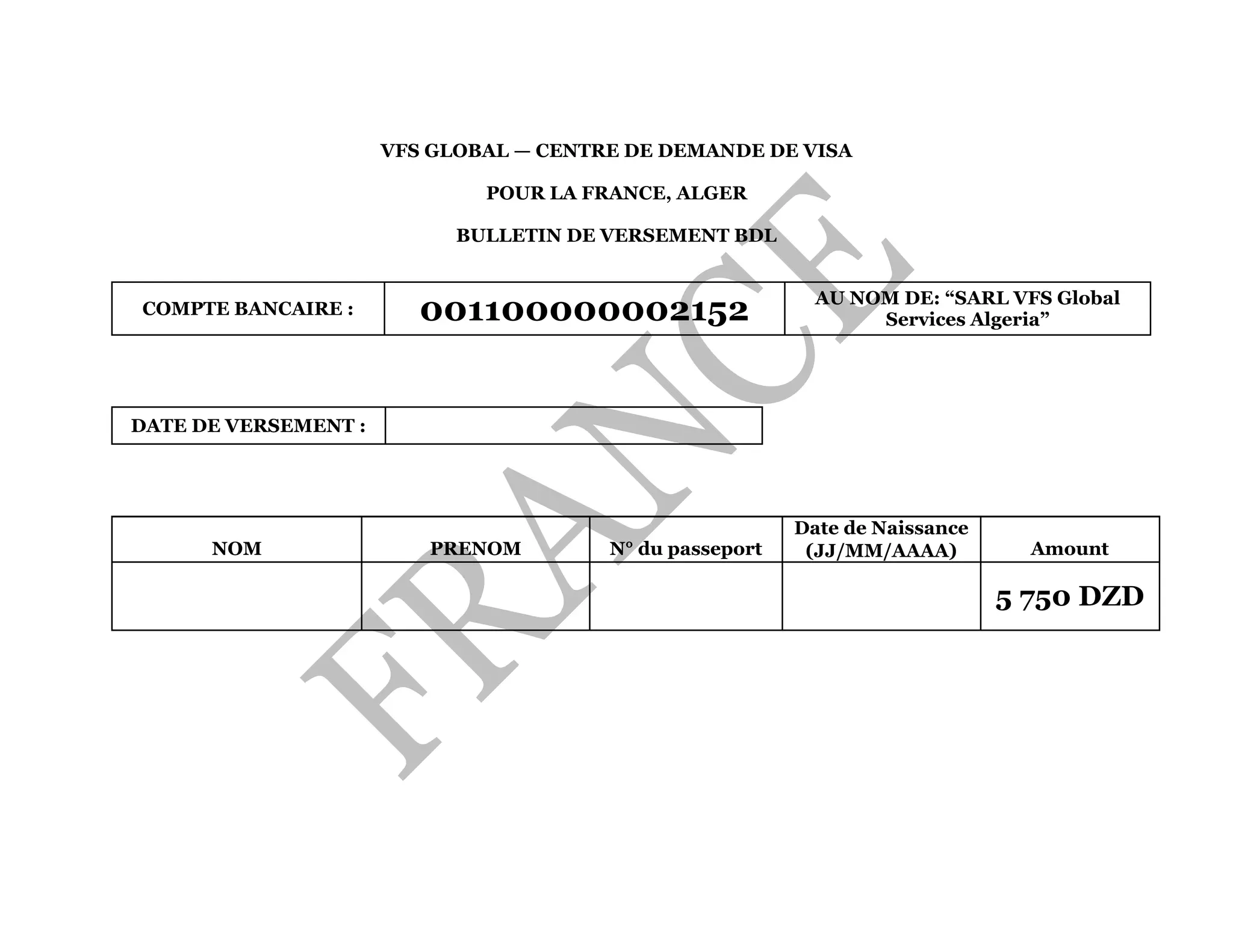 BULLETIN DE VERSEMENT BDL VISA FRANCE 5750 DA PPT