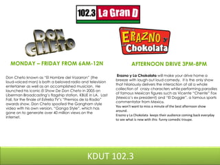 MONDAY – FRIDAY FROM 6AM-12N AFTERNOON DRIVE 3PM-8PM 
Don Cheto known as “El Hombre del Vozarron” (the 
loud-voiced man) is both a beloved radio and television 
entertainer as well as an accomplished musician. He 
launched his iconic El Show De Don Cheto in 2005 on 
Liberman Broadcasting’s flagship station, KBUE in LA. Last 
Fall, for the finale of Estrella TV’s “Premios de la Radio” 
awards show, Don Cheto spoofed the Gangham style 
video with his own version, “Ganga Style”, which has 
gone on to generate over 40 million views on the 
internet. 
Erazno y La Chokolata will make your drive home a 
breeze with laugh out loud comedy. It is the only show 
that hilariously delivers the interaction of all a whole 
collection of crazy characters while performing parodies 
of famous Mexican figures such as Vicente “Chente” Fox 
(Mexico’s ex president) and “El Doggie”, a famous sports 
commentator from Mexico. 
You won’t want to miss a minute of the best afternoon show 
around. 
Erazno y La Chokolata keeps their audience coming back everyday 
to see what is new with this funny comedic troupe. 
LaGRAN KDUT 102.3 
D PEKRDSOUTN 1A0L2I.T3IE FSM 
 