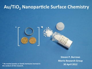  Au/TiO2	
  Nanopar/cle	
  Surface	
  Chemistry	
  	
  
Steven	
  P.	
  Burrows	
  
Morris	
  Research	
  Group	
  
30	
  April	
  2012	
  
*	
  
*	
  No	
  marital	
  jewelry	
  or	
  family	
  heirlooms	
  harmed	
  in	
  
the	
  conduct	
  of	
  this	
  research.	
  
 