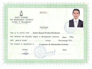 ~SADAT ACADEMY
FOR MANAGEMENT SCIENCES
Faculty of Management
00156~
Certificate
This is to certify that __Nader..KamaLFrahatXbrahe.eID..m._.m m.._._.m_~·"-
has obtained the Bachelor degree in Management sciences June 12004
with general grade _ .._ .._......_____. .._ Good-...-.-.......Per.centage.16%._..................
The student is specialized in ___.._ -.Computer &information.Systems......... __.._ .. .
official
6 a-...-......
/E/?"'''.r i~.' .:-='r:--'-~'~':~
.,./.,' j'''- ",>i ~~.[ ;~, '- , ....
_., I "., i.
". " " "
....i . . i·~)  ',' . '
• (,..... .. ,'. T
". ".. ' ' /
.......:..... -.~ 'I
.... ," ";- -, . i.', '
t..--j.......;,
~
Dean
~
 