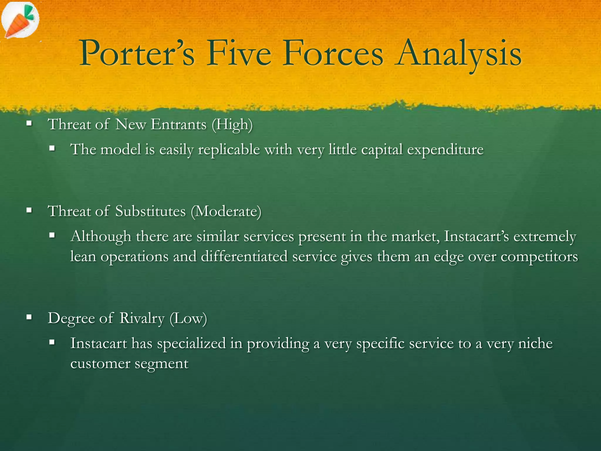 Porter’s Five Forces Analysis
 Threat of New Entrants (High)
 The model is easily replicable with very little capital expenditure
 Threat of Substitutes (Moderate)
 Although there are similar services present in the market, Instacart’s extremely
lean operations and differentiated service gives them an edge over competitors
 Degree of Rivalry (Low)
 Instacart has specialized in providing a very specific service to a very niche
customer segment
 