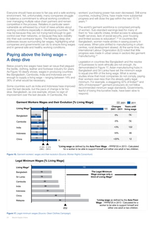 24 Beyond Supply Chains
Everyone should have access to fair pay and a safe working
environment. Yet, unfortunately, many companies struggle
to balance a commitment to ethical working conditions
over managing multiple value chain partners and remain
competitive in the process. Retailers in particular seem
vulnerable as witnessed by a host of news articles about
working conditions especially in developing countries. That
may be because they are not trying hard enough to gain
control over their networks, or because they lack visibility
into their sub-contractor layers. The following deep dive
addresses issues surrounding fair wages, highlighting what
companies and governments can do to ensure living wages
and in general safe and healthy working conditions.
Paying above the living wage –
A deep dive
Below poverty line wages have been an issue that plagued
the textile, clothing, leather and footwear industry for years.
As Figure 16 clearly shows, wages in producing countries
like Bangladesh, Cambodia, India and Indonesia are not
enough to supply a living wage – ranging between 14% and
36% of what would be necessary.
Some countries such as India and Indonesia have improved
over the last decade, but the pace of change is far too
slow. Bangladesh, as one example, shows no sign of
improvement over the last decade. In Cambodia, the
workers’ purchasing power has even decreased. Still some
countries, including China, have made more substantial
progress and will close the gap within the next 10-15
years.22
The world’s garment workforce is comprised primarily
of women. Sub-standard earnings lead for many of
them to “low calorific intake, limited access to adequate
health services, lack of social security, poor housing
and limited access to education”. 23
In countries like
Bangladesh, women made strides in easing poverty in
rural areas. When jobs shifted to manufacturing in urban
centres, rural development slowed. At the same time, the
International Labour Organization (ILO) noted that little
progress was made in urban areas in sectors like garment
manufacturing.24
Legislation in countries like Bangladesh and the resolve
of businesses to work ethically are not enough. As
demonstrated in Figure 17, Asian manufacturing hubs in
Bangladesh and Sri Lanka have set the minimum wage
to equal one-fifth of the living wage. What is worse,
studies show that most companies do not comply, paying
their workers even less than the already paltry legal
minimum. For example, a staggering 42% of Indian25
and
39% of Indonesian26
garment producers do not follow
recommended minimum wage standards. Governments,
fearful of losing this lucrative trade, have been slow to
respond.
Figure 16. Garment workers’ wages and their evolution (Source: Worker Rights Consortium)
Changes
2001 - 2011
Years until
living wage
0%
-5%
+3% 122
+6% 46
+20% 12
Although wages close the gap toward living wage, the
improvements remain unsufficient (v1)
Garment Workers Wages and their Evolution [% Living Wage]
14
24
20
16
16
14
19
23
22
100
China 36
Indonesia
India
Cambodia
Bangladesh
20112001
Living Wage*
18%
(2001)
23%
(2011)
*Living wage as defined by the Asia Floor Wage - PPP$725 in 2013 - Calculated
for a worker to be able to support himself and either one adult or two children.
Garment Workers’ Wages and their Evolution
The minimum wage covers in average less than one
third of the living wage (v1)
19
19
25
26
31
46
54
100
Ø32
Malaysia
China
Indonesia
India
Cambodia
Sri Lanka
Bangladesh
Living Wage*
Legal Minimum Wages [% Living Wage]
The Legal Minimum
Wage average only a
third of Living Wage*
*Living wage as defined by the Asia Floor
Wage - PPP$725 in 2013 - Calculated for a
worker to be able to support himself and
either one adult or two children.
Legal Minimum Wages
Figure 17. Legal minimum wages (Source: Clean Clothes Campaign)
 