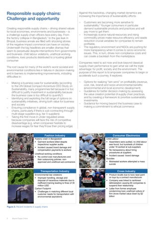 6 Beyond Supply Chains
Responsible supply chains:
Challenge and opportunity
Creating responsible supply chains – driving shared values
for local economies, environments and businesses – is
a challenge supply chain officers face every day. From
the factory collapse in Bangladesh,1
to the gas leak in
Bhopal, business annals are filled with shocking stories
of the negative impact commerce can have on society.
Underneath the big headlines are smaller dramas that
seem to perpetuate despite interventions from governments
and business: child labour violations, unethical working
conditions, toxic products distributed to a trusting global
consumer.
The root cause for many of the world’s worst societal and
environmental conditions lies in failures in decision-making
and in barriers to implementing improvements, including
difficulties in:
–– Making a business case for sustainability (according
to the UN Global Compact-Accenture CEO Study on
Sustainability, many programmes fail because it is too
difficult to justify investment in sustainability because
the business case is too difficult to quantify2
)
–– Identifying and exploiting the full range of options on
sustainability initiatives, driving both value for business
and society
–– Ensuring compliance in global, non-transparent supply
chains, particularly if there is sub-contracting through
multi-stage suppliers (e.g. tier 5 suppliers)
–– Taking the first move in under regulated areas
because companies will face the risk of competitive
disadvantage (e.g. when companies hesitate to
increase wages for fear they’ll lose their pricing edge)
Against this backdrop, changing market dynamics are
increasing the importance of sustainability efforts:
–– Customers are becoming more sensitive to
sustainability.3
Younger consumers in particular
demand sustainable products and practices and will
pay more to get them.
–– Increasingly scarce natural resources and rising
commodity prices make resource efficiency and waste
reduction crucial variables for companies to remain
profitable.
–– The regulatory environment and NGOs are pushing for
more transparency when it comes to socio-economic
issues. This, in turn, drives non-compliance costs and
can create a backlash from the marketplace.
Companies need to act now and look beyond classical
supply chain performance to gain what we call the triple
advantage: for profit, society and the environment. The
purpose of this report is to empower companies to begin or
accelerate such a journey. It explores:
–– Options for realizing “win-wins” on profitability (revenue,
cost, risk, brand) and socio-environmental benefits
(environmental and local economic development)
–– Guidelines for better decision-making by assessing
the value creation potential of supply chain practices,
and by creating a framework to prioritize sustainability
investments
–– Guidance for moving beyond the business case to
making a commitment to ethical commerce
Figure 3. Recent incidents in supply chains 4
Chapter 1
Factory crash in Bangladesh
Garment workers killed despite
inspections/ supplier audits
Incident caused brand damage and
compensation payments to workers
Unethical working conditions
No control over manufacturers and
their outsourcing policies: non-
approved and unethical sub-contractors
Product recalls due to toxic lead paint
on toys by a contract manufacturer
Company was linked to rainforest
deforestation causing 60 companies to
suspend their relationship
Letter from former employee
condemning toxic unethical culture of
firm drove market value down by $2
billion
Fashion Industry
Cross Industry
Child Labour
Assemblers were audited, no child labour
was found, but hundreds of children
under 16 worked at sub-suppliers
No transparency about hiring
procedures at suppliers
Incident caused brand damage
Suicides
Mistreated workers attempted a mass
suicide
Consumer Electronics
Environmental law violations
Improper handling, storage and
disposal of hazardous materials due to
inefficient training leading to fines of 30
million USD
Carbon Footprint
Challenges in matching different local
customer needs for transportation with
environmental aspirations
Transportation Industry
Recent Incidents in Supply Chains
 