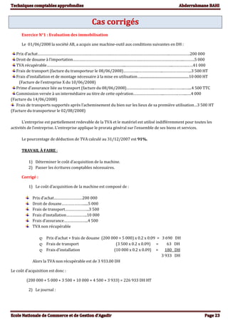 Exercice N°1 : Evaluation des immobilisation
Le 01/06/2008 la société AB, a acquis une machine-outil aux conditions suivantes en DH :
Prix d’achat…………………………………………………………….………………………………………………..……………….200 000
Droit de douane à l’importation……………………………………………………………………………………….…...……….5 000
TVA récupérable………………………………………………………………....……………………………………...………….……41 000
Frais de transport (facture du transporteur le 08/06/2008)…………...…………………...……………………...3 500 HT
Frais d’installation et de montage nécessaire à la mise en utilisation…........................................................10 000 HT
(Facture de l’entreprise X du 10/06/2008)
Prime d’assurance liée au transport (facture du 08/06/2008)……………………...……………...………...…....4 500 TTC
Commission versée à un intermédiaire au titre de cette opération………………………...………….……...….4 000
(Facture du 14/06/2008)
Frais de transports supportés après l’acheminement du bien sur les lieux de sa première utilisation…3 500 HT
(Facture du transporteur le 02/08/2008)
L’entreprise est partiellement redevable de la TVA et le matériel est utilisé indifféremment pour toutes les
activités de l’entreprise. L’entreprise applique le prorata général sur l’ensemble de ses biens et services.
Le pourcentage de déduction de TVA calculé au 31/12/2007 est 91%.
TRAVAIL À FAIRE :
1) Déterminer le coût d’acquisition de la machine.
2) Passer les écritures comptables nécessaires.
Corrigé :
1) Le coût d’acquisition de la machine est composé de :
Prix d’achat………………………200 000
Droit de douane………………….....5 000
Frais de transport…………………..3 500
Frais d’installation………………..10 000
Frais d’assurance…………………..4 500
TVA non récupérable
ღ Prix d’achat + frais de douane (200 000 + 5 000) x 0.2 x 0.09 = 3 690 DH
ღ Frais de transport (3 500 x 0.2 x 0.09) = 63 DH
ღ Frais d’installation (10 000 x 0.2 x 0.09) = 180 DH
3 933 DH
Alors la TVA non récupérable est de 3 933.00 DH
Le coût d’acquisition est donc :
(200 000 + 5 000 + 3 500 + 10 000 + 4 500 + 3 933) = 226 933 DH HT
2) Le journal :
 