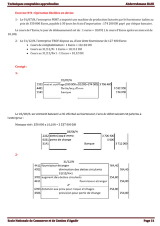 Exercice N°8 : Opération libellées en devise
1- Le 01/07/N, l’entreprise FORT a importé une machine de production facturée par le fournisseur italien au
prix de 350 000 Euros, payable à 30 jours les frais d’importation : 174 200 DH payé par chèque bancaire.
Le cours de l’Euros, le jour de dédouanement est de : 1 euros = 10,092 l, le cours d’Euros après un mois est de
10,108.
2- Le 31/12/N, l’entreprise TROF dispose au, d’une dette fournisseur de 127 400 Euros
 Cours de comptabilisation : 1 Euros = 10,118 DH
 Cours au 31/12/N : 1 Euros = 10,112 DH
 Cours au 31/12/N+1 : 1 Euros = 10,12 DH
Corrigé :
1-
01/07/N
2332 mat et outillage(350 000 x10,092+174 000) 3 706 400
4481 Dette/acq d'imm 3 532 200
5141 banque 174 200
Le 03/08/N, un virement bancaire a été effectué au fournisseur, l’avis de débit suivant est parvenu à
l’entreprise :
Montant viré : 350 000 x 10,108 = 3 537 800 DH
03/08/N
2332 dette/acq d'immo 3 706 400
6331 perte de change 5 600
5141 Banque 3 712 000
2-
31/12/N
4411 fournisseur étranger 764,40
4702 diminution des dettes circulants 764,40
31/12/N+1
3702 augment des dettes circulants 254,80
4411 fournisseur etranger 254,80
d°
6393 dotation aux prov pour risque et chages 254,80
4506 provision pour perte de change 254,80
 