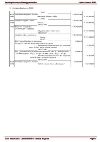 5- Comptabilisation en 2005 :
2005
6311 Intérêts des emprunts et dettes 4 350 000,00
4485 obligation coupon à payer 4 350 000,00
2005
4485 obligation coupon à payer 4 350 000,00
5141 banque 4 350 000,00
01/12/2005
1410 Emprunts obligataires 5 010 000,00
50100000/10 = 5 010 000
obligation échu à rembourser 5 010 000,00
01/12/2005
obligation échu à rembourser 5 010 000,00
banque 5 010 000,00
déc-05
DEA l’immobilisation en non valeur 16 400,00
(82 000 /5) = 16 400 le prorata n'est pris en compte
Amortis des frais d'émission des emprunts 16 400,00
Amort de frais pub et service bancaire
31/12/2005
DEA l’immobilisation en non valeur (8 mois de 2004 et 2 mois de 2005)] 26 818,18
[150 000x10/12x(4 350/23 925)]+[150 000x2/12x(3 915/23 925)] =
Amortis des frais d'émission des emprunts 26 818,80
amort de prime de rembouresemet
31/12/2005
6311 Intérêts des emprunts et dettes 652 500,00
4492 Intérêts courus et non échus à payer 652 500,00
 