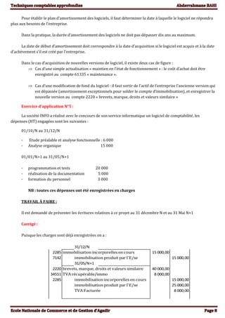 Pour établir le plan d’amortissement des logiciels, il faut déterminer la date à laquelle le logiciel ne répondra
plus aux besoins de l’entreprise.
Dans la pratique, la durée d’amortissement des logiciels ne doit pas dépasser dix ans au maximum.
La date de début d’amortissement doit correspondre à la date d’acquisition si le logiciel est acquis et à la date
d’achèvement s’il est créé par l’entreprise.
Dans le cas d’acquisition de nouvelles versions de logiciel, il existe deux cas de figure :
 Cas d’une simple actualisation « maintien en l’état de fonctionnement » : le coût d’achat doit être
enregistré au compte 61335 « maintenance ».
 Cas d’une modification de fond du logiciel : il faut sortir de l’actif de l’entreprise l’ancienne version qui
est dépassée (amortissement exceptionnels pour solder le compte d’immobilisation), et enregistrer la
nouvelle version au compte 2220 « brevets, marque, droits et valeurs similaire »
Exercice d’application N°5 :
La société INFO a réalisé avec le concours de son service informatique un logiciel de comptabilité, les
dépenses (HT) engagées sont les suivantes :
01/10/N au 31/12/N
- Etude préalable et analyse fonctionnelle : 6 000
- Analyse organique 15 000
01/01/N+1 au 31/05/N+1
- programmation et tests 20 000
- réalisation de la documentation 5 000
- formation du personnel 3 000
NB : toutes ces dépenses ont été enregistrées en charges
TRAVAIL À FAIRE :
Il est demandé de présenter les écritures relatives à ce projet au 31 décembre N et au 31 Mai N+1
Corrigé :
Puisque les charges sont déjà enregistrées on a :
31/12/N
2285 immobilisation incorporelles en cours 15 000,00
7142 immobilisation produit par l'E/se 15 000,00
31/05/N+1
2220 brevets, marque, droits et valeurs similaire 40 000,00
34551 TVA récupérable/immo 8 000,00
2285 immobilisation incorporelles en cours 15 000,00
immobilisation produit par l'E/se 25 000,00
TVA Facturée 8 000,00
 