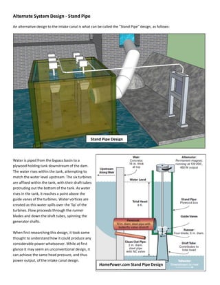 Alternate System Design - Stand Pipe
An alternative design to the intake canal is what can be called the "Stand Pipe" design, as follows:
Water is piped from the bypass basin to a
plywood holding tank downstream of the dam.
The water rises within the tank, attempting to
match the water level upstream. The six turbines
are affixed within the tank, with their draft tubes
protruding out the bottom of the tank. As water
rises in the tank, it reaches a point above the
guide vanes of the turbines. Water vortices are
created as this water spills over the 'lip' of the
turbines. Flow proceeds through the runner
blades and down the draft tubes, spinning the
generator shafts.
When first researching this design, it took some
thought to understand how it could produce any
considerable power whatsoever. While at first
glance it may seem an unconventional design, it
can achieve the same head pressure, and thus
power output, of the intake canal design.
Stand Pipe Design
HomePower.com Stand Pipe Design
(Issue 122, Page 53)
 