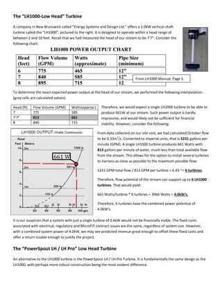 The “LH1000-Low Head” Turbine
A company in New Brunswick called “Energy Systems and Design Ltd.” offers a 1.0kW vertical-shaft
turbine called the “LH1000”, pictured to the right. It is designed to operate within a head range of
between 2 and 10 feet. Recall that we had measured the head of our stream to be 7’7”. Consider the
following chart:
To determine the exact expected power output at the head of our stream, we performed the following interpolation:
(grey cells are calculated values)
Therefore, we would expect a single LH1000 turbine to be able to
produce 661W at our stream. Such power output is hardly
impressive, and would likely not be sufficient for financial
viability. However, consider the following:
From data collected on our site visit, we had calculated October flow
to be 0.33m3
/s. Converted to imperial units, that is 5231 gallons per
minute (GPM). A single LH1000 turbine produces 661 Watts with
813 gallons per minute of water, much less than total available flow
from the stream. This allows for the option to install several turbines
to harness as close as possible to the maximum possible flow:
5231 GPM total flow / 813 GPM per turbine = 6.43 ~= 6 turbines.
Therefore, flow potential of the stream can support up to 6 LH1000
turbines. That would yield:
661 Watts/turbine * 6 turbines = 3966 Watts = 4.0kW's.
Therefore, 6 turbines have the combined power potential of
4.0kW's.
It is our suspicion that a system with just a single turbine of 0.6kW would not be financially viable. The fixed costs
associated with electrical, regulatory and MicroFIT contract issues are the same, regardless of system size. However,
with a combined system power of 4.0kW, we may see predicted revenue great enough to offset these fixed costs and
offer a return sizable enough to justify the project.
The “PowerSpout LH / LH Pro” Low Head Turbine
An alternative to the LH1000 turbine is the PowerSpout LH / LH Pro Turbine. It is fundamentally the same design as the
LH1000, with perhaps more robust construction being the most evident difference.
Head (ft) Flow Volume (GPM) Watts(approx.)
7 775 585
7’7” 813 661
8 840 715
From LH1000 Manual, Page 5.
 