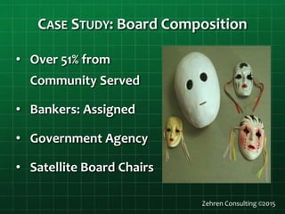 CASE STUDY: Board Composition
• Over 51% from
Community Served
• Bankers: Assigned
• Government Agency
• Satellite Board Chairs
Zehren Consulting ©2015
 