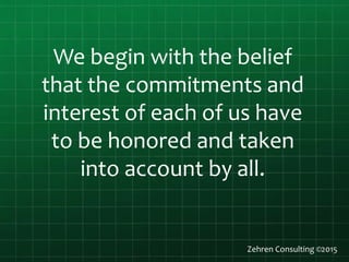 We begin with the belief
that the commitments and
interest of each of us have
to be honored and taken
into account by all.
Zehren Consulting ©2015
 