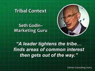 Tribal Context
Zehren Consulting ©2015
Seth Godin–
Marketing Guru
“A leader tightens the tribe…
finds areas of common interest
then gets out of the way.”
 