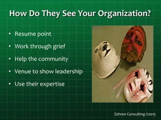 How Do They See Your Organization?
Zehren Consulting ©2015
• Resume point
• Work through grief
• Help the community
• Venue to show leadership
• Use their expertise
 