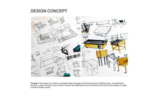 The goal of this project is to achieve a consistent design language across three products of different scale - a pre-fabricated
structure, a piece of furniture, and a product. Structure and materials are two key elements that unify the three designs to create
a minimal vacation retreat.
DESIGN CONCEPT
 