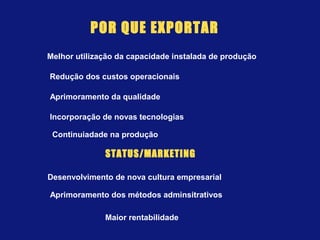 POR QUE EXPORTAR
Melhor utilização da capacidade instalada de produção
Redução dos custos operacionais
Aprimoramento da qualidade
Incorporação de novas tecnologias
Continuiadade na produção
STATUS/MARKETING
Desenvolvimento de nova cultura empresarial
Aprimoramento dos métodos adminsitrativos
Maior rentabilidade
 