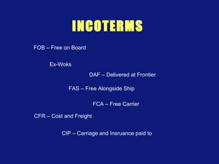 INCOTERMS
Ex-Woks
FAS – Free Alongside Ship
FCA – Free Carrier
CFR – Cost and Freight
DAF – Delivered at Frontier
CIP – Carriage and Insruance paid to
FOB – Free on Board
 