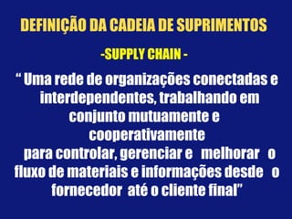 -SUPPLY CHAIN -
“ Uma rede de organizações conectadas e
interdependentes, trabalhando em
conjunto mutuamente e
cooperativamente
para controlar, gerenciar e melhorar o
fluxo de materiais e informações desde o
fornecedor até o cliente final”
DEFINIÇÃO DA CADEIA DE SUPRIMENTOS
 