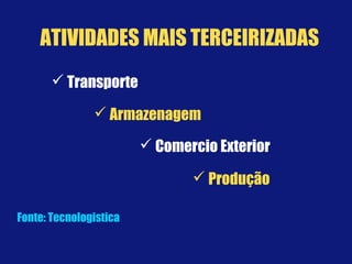  Transporte
 Armazenagem
 Comercio Exterior
 Produção
Fonte: Tecnologistica
ATIVIDADES MAIS TERCEIRIZADAS
 