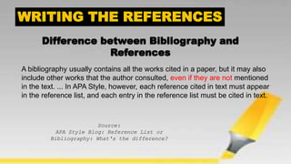 A bibliography usually contains all the works cited in a paper, but it may also
include other works that the author consulted, even if they are not mentioned
in the text. ... In APA Style, however, each reference cited in text must appear
in the reference list, and each entry in the reference list must be cited in text.
Source:
APA Style Blog: Reference List or
Bibliography: What's the difference?
 