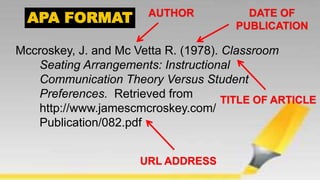 Mccroskey, J. and Mc Vetta R. (1978). Classroom
Seating Arrangements: Instructional
Communication Theory Versus Student
Preferences. Retrieved from
http://www.jamescmcroskey.com/
Publication/082.pdf
AUTHOR DATE OF
PUBLICATION
TITLE OF ARTICLE
URL ADDRESS
 