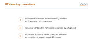 BEM naming conventions
1
2
3
Names of BEM entities are written using numbers
and lowercase Latin characters
Individual words within names are separated by a hyphen (-)
Information about the names of blocks, elements,
and modiﬁers is stored using CSS classes
 