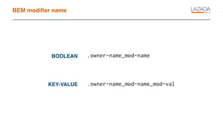 BEM modiﬁer name
KEY-VALUE
BOOLEAN .owner-name_mod-name
.owner-name_mod-name_mod-val
 