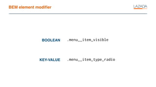 BEM element modiﬁer
KEY-VALUE
BOOLEAN .menu__item_visible
.menu__item_type_radio
 