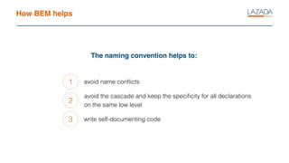 How BEM helps
The naming convention helps to:
1
2
3
avoid name conﬂicts
avoid the cascade and keep the speciﬁcity for all declarations
on the same low level
write self-documenting code
 