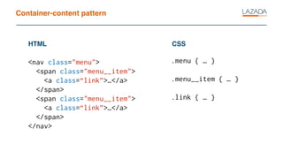 Container-content pattern
<nav class="menu">
<span class="menu__item">
<a class=“link”>…</a>
</span>
<span class="menu__item">
<a class=“link”>…</a>
</span>
</nav>
HTML CSS
.menu { … }
.menu__item { … }
.link { … }
 