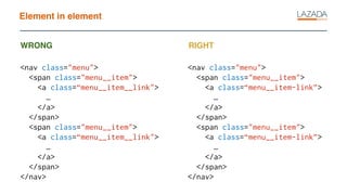 Element in element
<nav class="menu">
<span class="menu__item">
<a class=“menu__item__link">
…
</a>
</span>
<span class="menu__item">
<a class=“menu__item__link">
…
</a>
</span>
</nav>
WRONG RIGHT
<nav class="menu">
<span class="menu__item">
<a class=“menu__item-link”>
…
</a>
</span>
<span class="menu__item">
<a class=“menu__item-link”>
…
</a>
</span>
</nav>
 