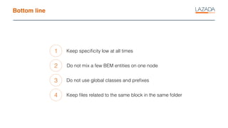 Bottom line
1
2
3
Keep speciﬁcity low at all times
Do not mix a few BEM entities on one node
Do not use global classes and preﬁxes
4 Keep ﬁles related to the same block in the same folder
 