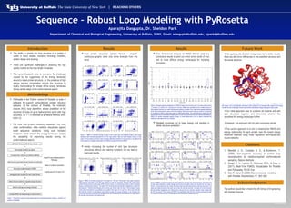 www.buffalo.edu
Introduction
 The ability to predict the loop structure in a protein is
useful in many studies, including homology modeling,
protein design and docking.
 There are significant challenges in obtaining the high
quality models as the loop length increases.
 The current research aims to overcome the challenges
caused by the ruggedness of the energy landscape
around a native protein structure, i.e. the presence of high
energy barriers immediately around the structure by
locally manipulating the shape of the energy landscape
during certain steps of the conformational search.
Methodology
Sequence – Robust Loop Modeling with PyRosetta
Aparajita Dasgupta, Dr. Sheldon Park
Department of Chemical and Biological Engineering, University at Buffalo, SUNY, Email: adasgupt@buffalo.edu, sjpark6@buffalo.edu
 PyRosetta is the Python version of Rosetta, a suite of
software to support computational protein structure
analysis. In the context of Rosetta, the kinematic
closure (KIC) loop algorithm, allows prediction of the
structure of loops of up to twelve amino acids with high
accuracy, i.e. < 1 Å (Mandell et al Nature Method 2009,
6:551-2).
 We note that protein structure, especially the main
chain conformation, often exhibits robustness against
small sequence variations. Using such transient
mutations which smooth the energy landscape creates
the possibility of improving results during the
conformational search.
Figure 1: Procedure to improve conformational search by introducing transient mutations using KIC loop
protocol in PyRosetta
Results
 Most protein structures yielded “funnel – shaped”
continuous graphs while only some diverged from this
trend
 Merely increasing the number of wild type structures
(structures without any alanine mutation) did not lead to
improved results
Results Future Work
Citations
Acknowledgments
Figure 2: RMSD vs minimized energy for each of the 20 wild type (non-mutated) proteins. Each graph
represents 600 structures generated by the KIC loop protocol. Note the funnel shaped contour in most
cases. For the proteins where the contour develops differently, prediction of loop structure is very difficult due
to the presence of multiple conformations with different energies at the same RMSD
Figure 3: RMSD vs minimized energy for 3 wild type(1cnv, 1t1d and 1i7p) proteins. Each graph represents
7500 structures generated by the KIC loop protocol for wild type structures. Although the overall energy
surface behaves similar as in the case of 600 structures, there is no marked improvement in either minimizing
energy or predicting loop structure. This leads to the conclusion that site directed mutagenesis is indeed the
right approach. Furthermore, increasing the structures also did not yield the classic “funnel-shaped” energy
contour that is favorable for loop prediction as is evident in the cases of 1cnv and 1i7p. This is due to the fact
that while the number of conformations does indeed increase, the energy landscape is not smoothed and
hence those structures which may be possible but are not calculated due to the presence of a local maxima
are not taken into account in this case as well.
 One dimensional analysis of RMSD did not yield any
conclusive results to point out which amino acids (if any)
led to more difficult energy landscapes for modeling
purposes
 Mutated structures led to lower energy and resulted in
better structure prediction
Figure 4: Boxplots depicting distribution of LRMSD for each of the 20 amino acids. For each proteins and its
13 versions (12 mutants and 1 wild type), the minimum RMSD was calculated and the mutated residue for
that particular structure was noted. Boxplots were plotted to visualize if any clear trends appeared signifying
which amino acids posed an issue in de-novo modeling. While some amino acids are common in occurrence
as compared to others, a clear trend was not visible while plotting. The main conclusion drawn from this
exercise was that one dimensional analysis does not yield any trends and that a two dimensional analysis of
RMSD with another observable property (Energy, in current experiment) is vital to clearly understand the
bottlenecks associated with loop modeling
Figure 5: RMSD vs minimized energy for all 20 proteins for wild type and mutant structures. Each data point
on each graph represents a single average structure from the cluster which were formed from each type of
mutant. The blue data points are mutant structures while the purple data points are wild type structures. In all
cases the mutated structures had lower energy than the wild type structure. This leads us to the conclusion
that site directed mutagenesis can indeed lead to improved de novo structure prediction when coupled with
the KIC loop protocol. Since energy and RMSD are significantly lower than the wild type structures, the odds
of arriving at a correct structure increase greatly when using these mutated structures.
While applying site directed mutagenesis led to better results,
there are still minor differences in the predicted structure and
the actual structure
Our initial approach was to combine all mutants and wild
type structures together and determine whether this
smoothed the energy landscape further
However, this approach did not yield conclusive results
The current approach is to aim to linearize the RMSD and
energy relationship for each protein near the lowest energy
threshold obtained using linear regression techniques and
neural networks
The authors would like to thank the UB School of Engineering
and Applied Science
Figure 6: 1cnv native structure and minimum energy model mutated back to wild type. The RMSD is 3.3 A for
this system. The current algorithm still leaves a few questions to be answered with regards to the energy
function, the role of each type of amino acid and the characteristic energy landscape for each protein
1. Mandell, J. D., Coutsias, A. E., & Kortemme, T.
(2009). Sub-angstrom accuracy in protein loop
reconstruction by robotics-inspired conformational
sampling. Nature Methods .
2. Baugh, E. H., Lyskov, S., Weitzner, B. D., & Gray, J.
(2011). Real-Time PyMOL Visualization for Rosetta
and PyRosetta. PLOS One .
3. Das R, Baker D (2008) Macromolecular modeling
with Rosetta. Biochemistry 77: 363–382.
 