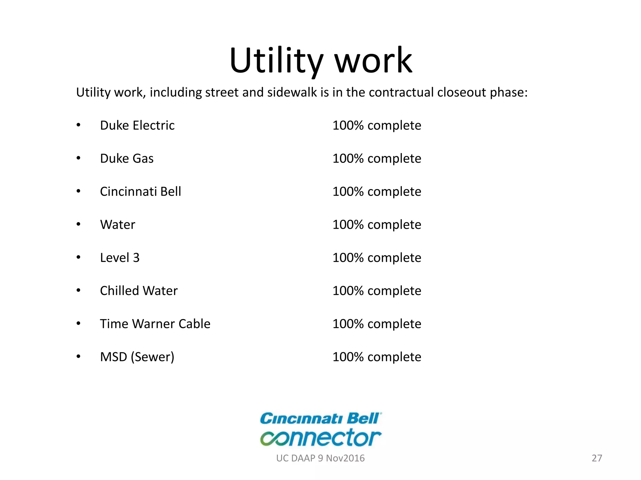 Utility work
Utility work, including street and sidewalk is in the contractual closeout phase:
• Duke Electric 100% complete
• Duke Gas 100% complete
• Cincinnati Bell 100% complete
• Water 100% complete
• Level 3 100% complete
• Chilled Water 100% complete
• Time Warner Cable 100% complete
• MSD (Sewer) 100% complete
UC DAAP 9 Nov2016 27
 